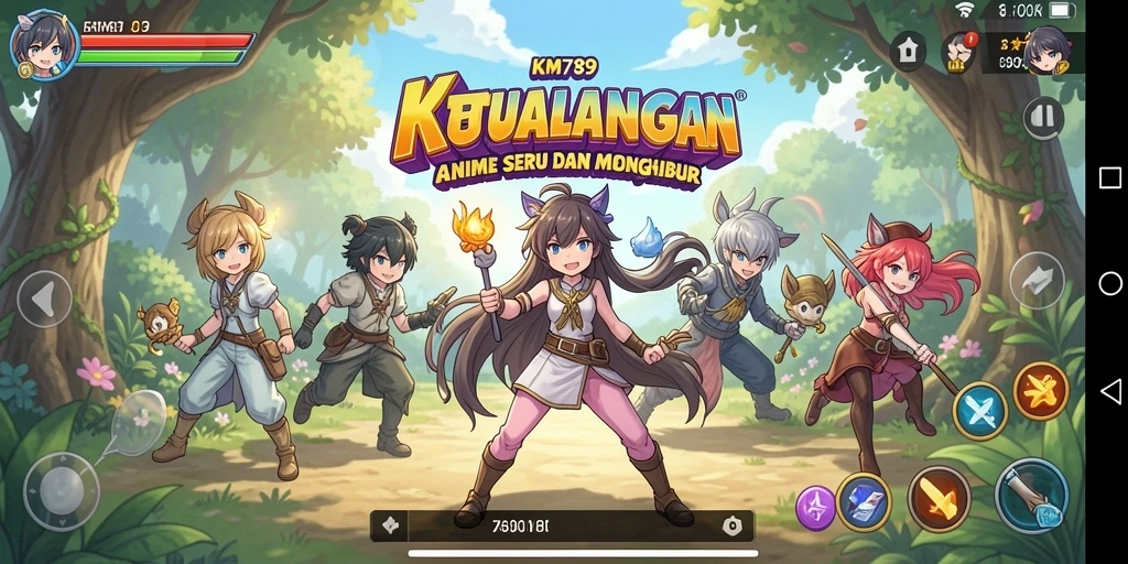 Screenshot gameplay KM789 yang menampilkan pertempuran karakter Anime.